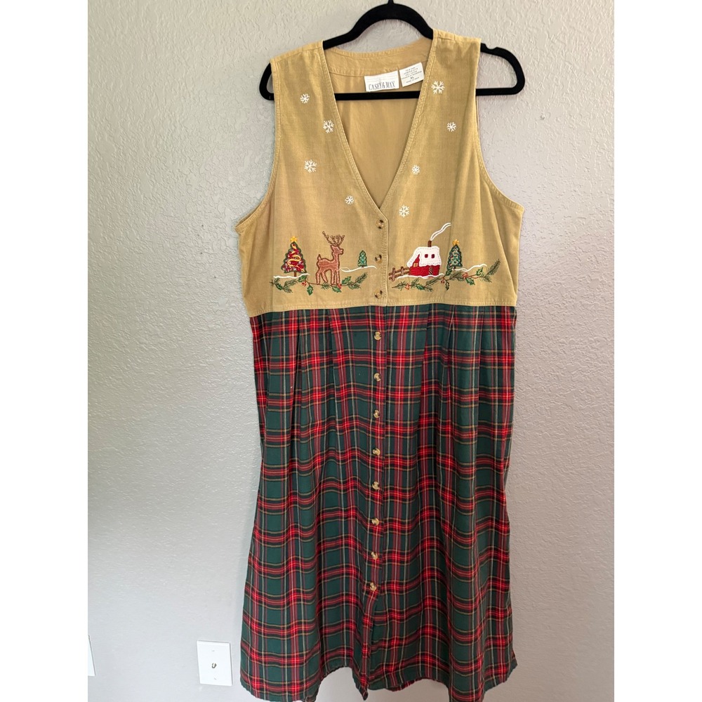 Casey & Max Vintage Christmas Corduroy Plaid Jumper Dress XL Embroidered Holiday - Picture 2 of 7